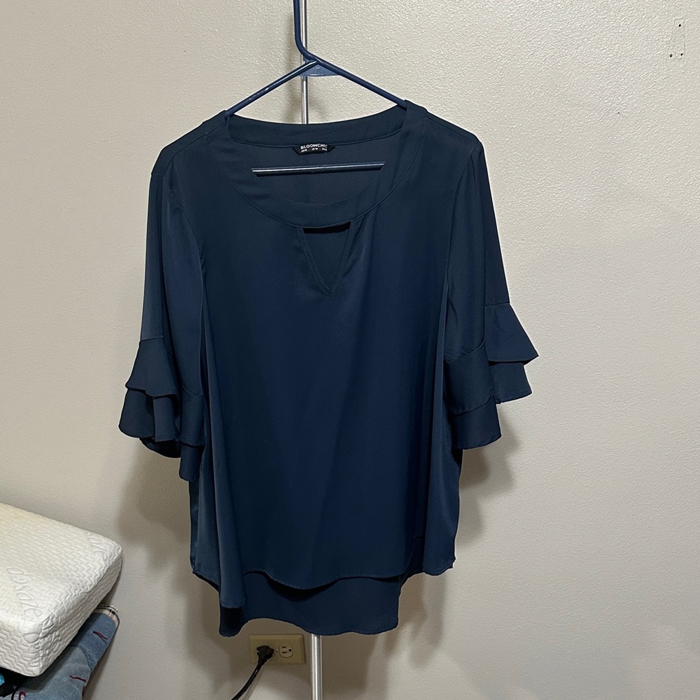 BloomChic Dark Blue Ruffle Sleeve Blouse